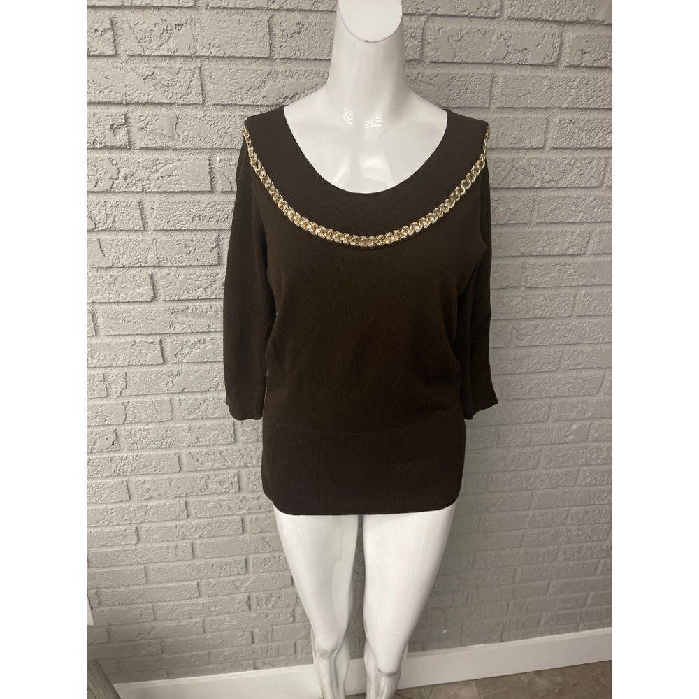 Cache Women ‘s Long Sleeve Brown Wool Blend Knit Sweater Size M
